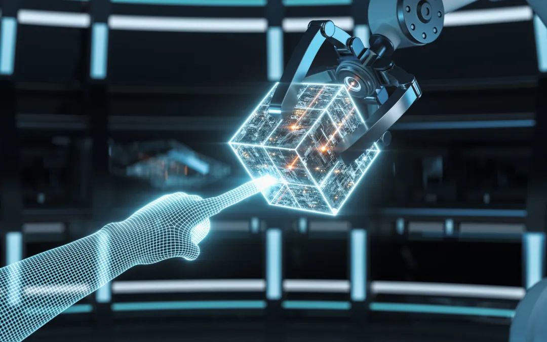 Alt text: A Man with short dark hair in a suit stands confidently against a vibrant, abstract background with flowing shapes in blue, yellow, and white.